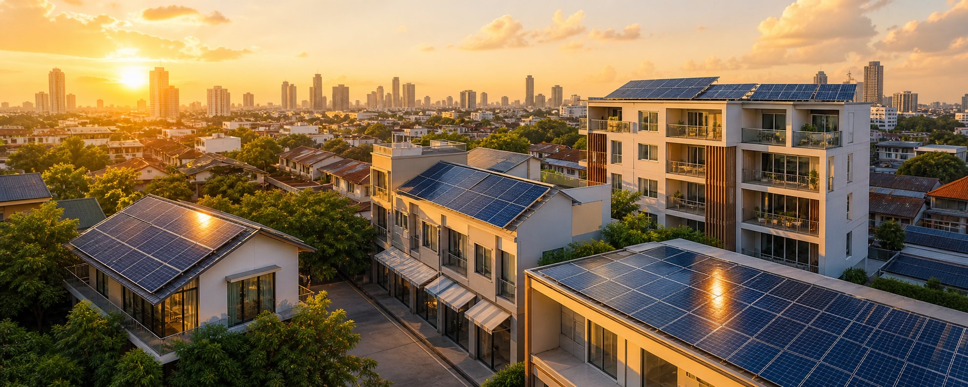 Thai homes and buildings with rooftop solar panels