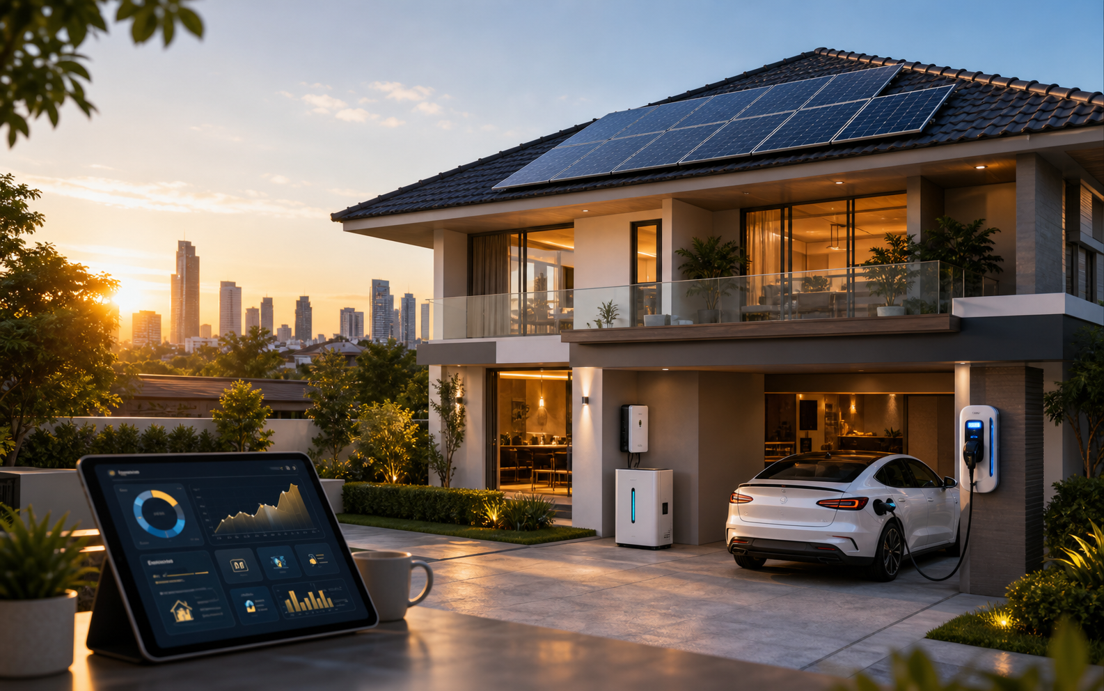 Modern Thai solar home showing rooftop panels, home battery backup, EV charging, and an energy savings dashboard